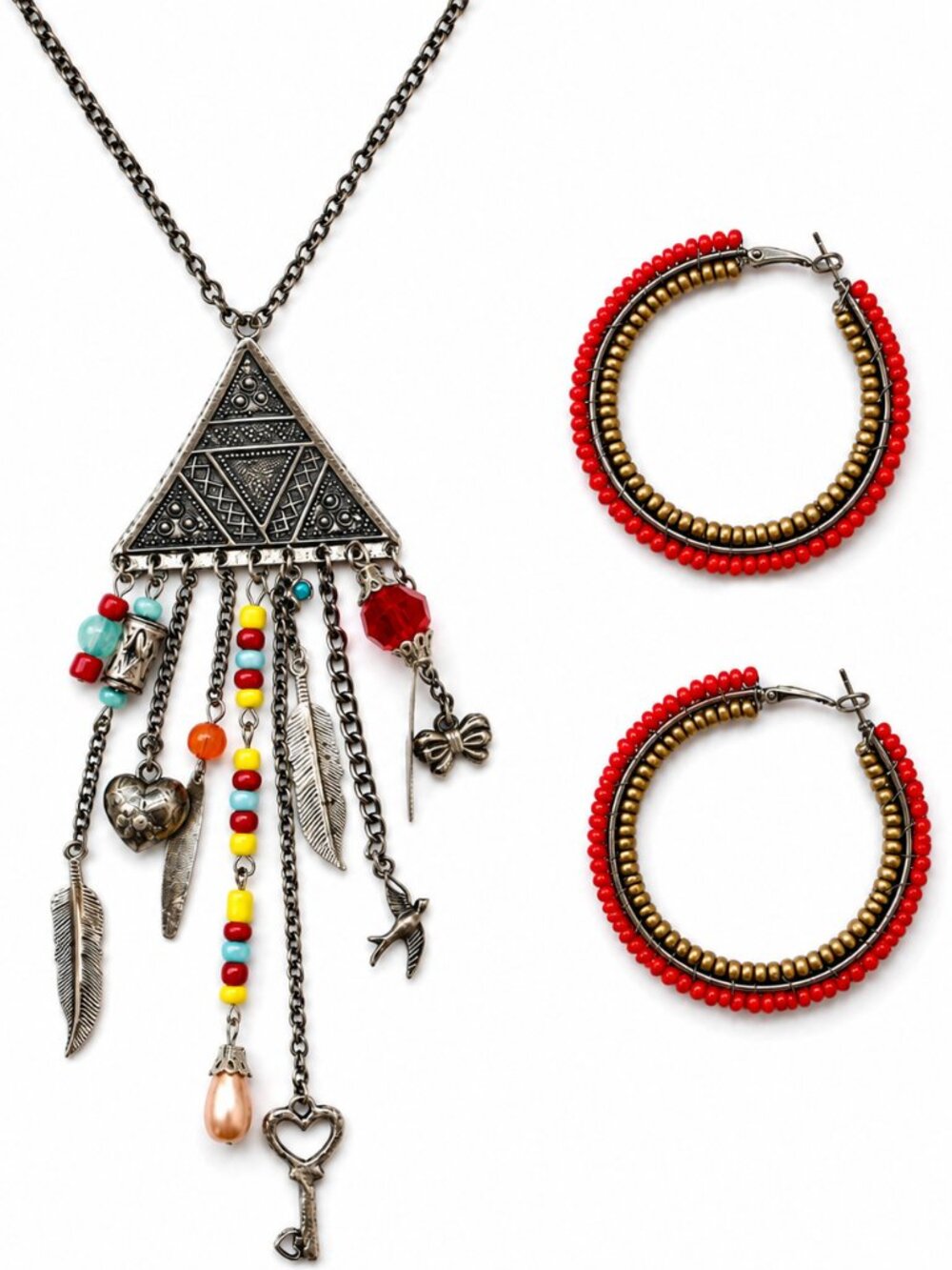 Eclectic Artisan Charm Necklace & Beaded Hoop Earring Set | Mixed Metal